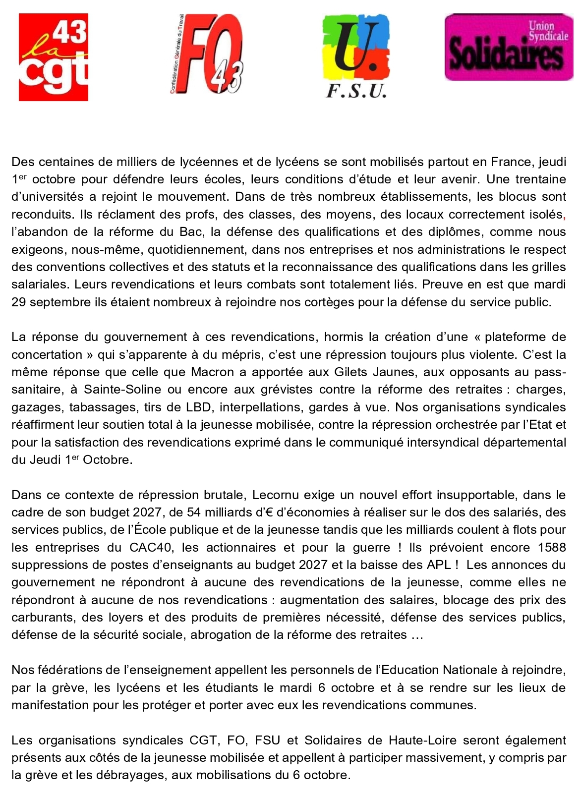 communiqué intersyndical soutien 6 octobre